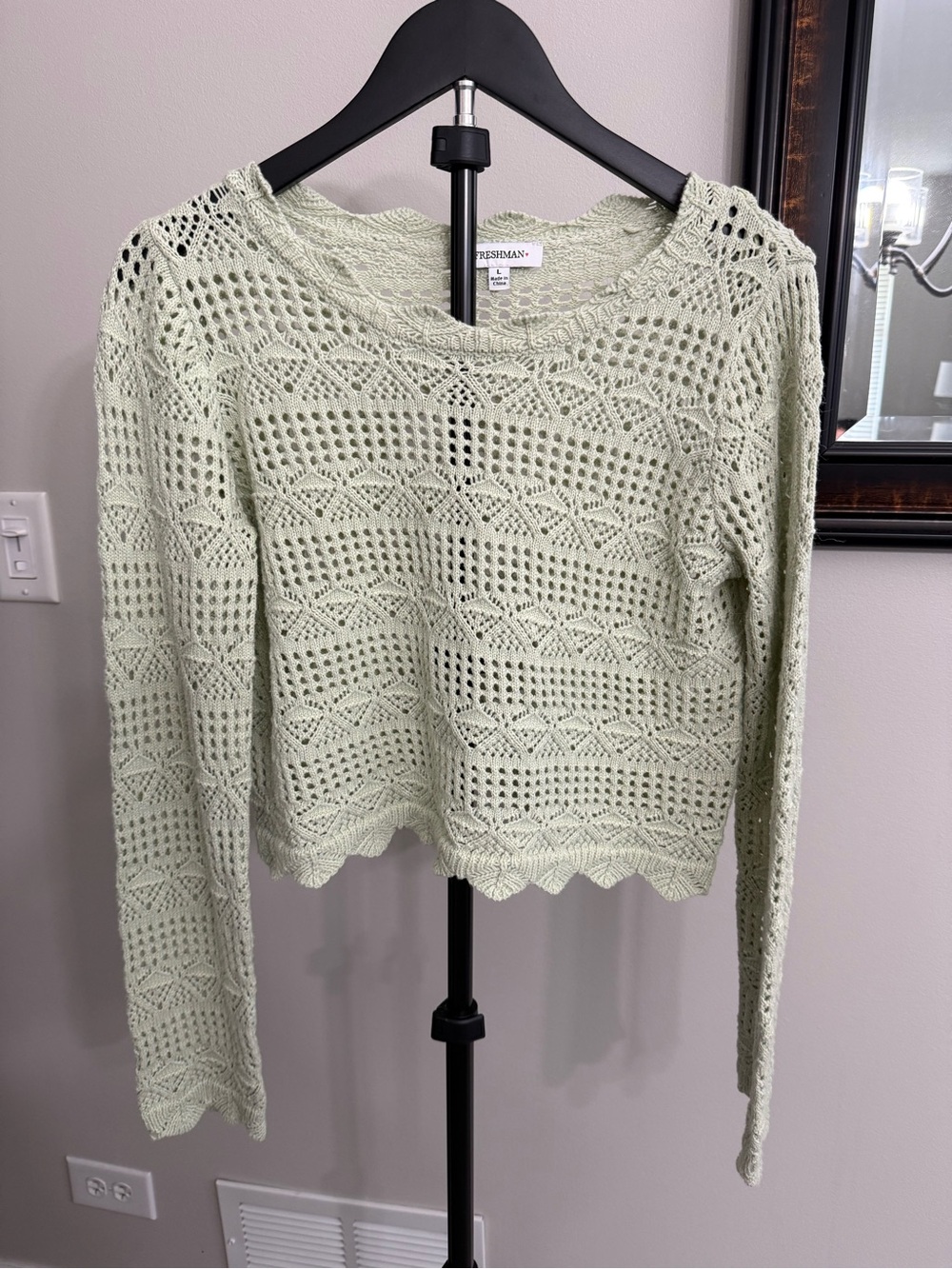 Freshman Pale Mint Open Knit Scallop Hem Sweater
